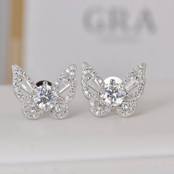 Certified Elegant 1ct Butterfly Moissanite Stud Earrings 925 Sterling - Picture 1 of 5